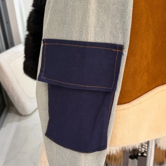 Cream Sherpa-Lined Denim Jacket with Brown Suede Accents - Picture 3 of 5